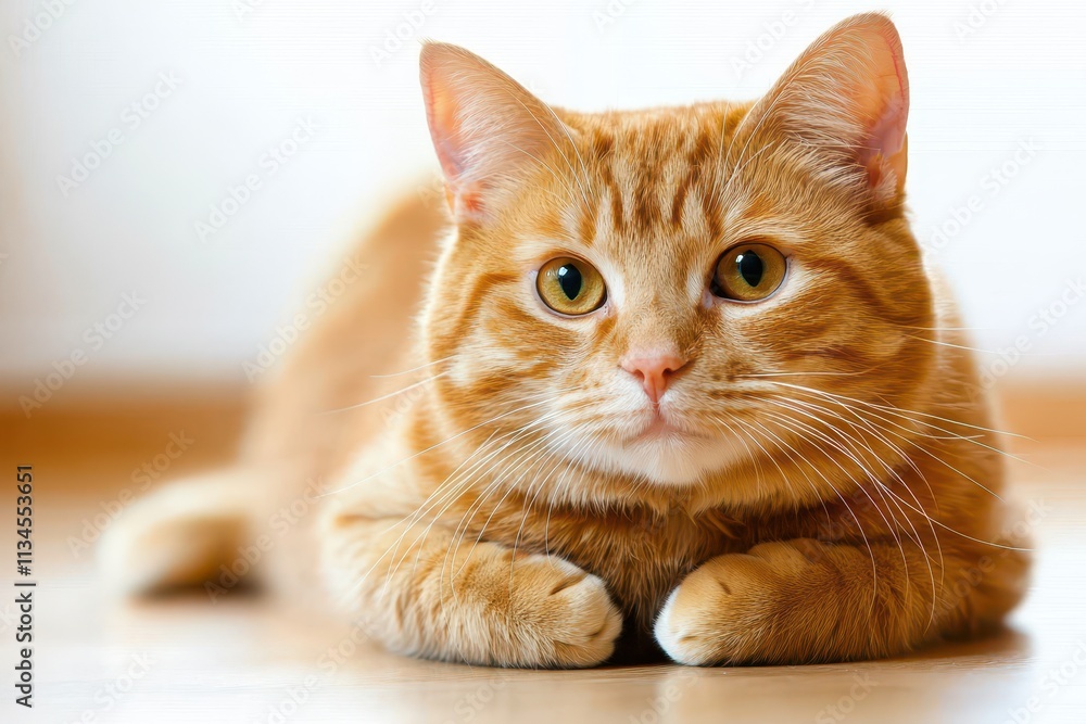 Poster adorable ginger cat lying on the floor with curious expression