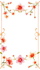 Obraz premium Spring may flower banner with watercolor painted frame of decorative ornament blossom patterns over white background symbolized beauty femininity mockup, may, colorful mother's day copy space for te