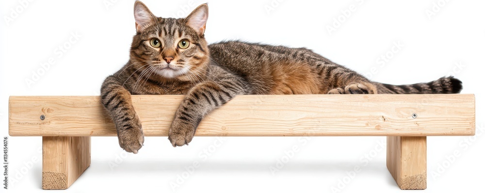 Poster cozy cat relaxing on wooden platform in minimalist style setting