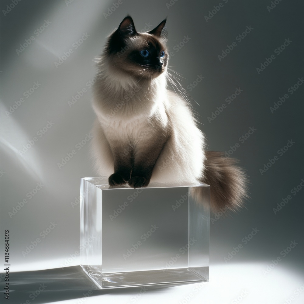 Poster a single long-haired siamese cat sitting on a floating transparent cube, with shadows reflecting on 
