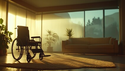 A wheelchair in a sunlit living room with large windows