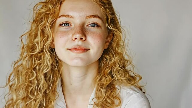 Young woman with curly blonde hair poses confidently in a light setting, showcasing natural beauty and charm
