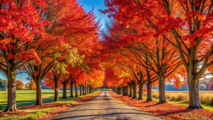 Row of trees with red autumn foliage lining a country lane on a sunny fall day, autumn, foliage, red, trees, country lane, sunny