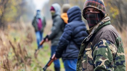 Group of masked individuals in camouflage clothing standing in rugged terrain with weapons, symbolizing resistance and rebellion, strong determined expressions.
