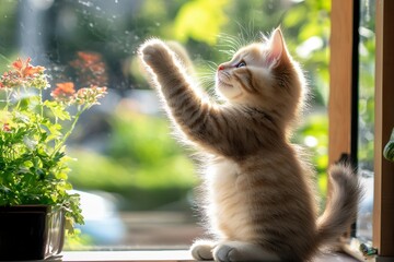 Playful Kitten Reaching Out by the Window with Greenery Background