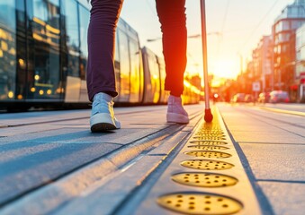 A blind person navigating a tactile walking path with a white cane
