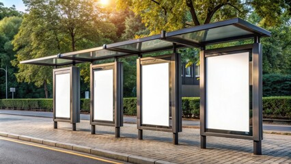 Three blank billboards at a bus stop , advertising, marketing, city, urban, public transportation, empty, space