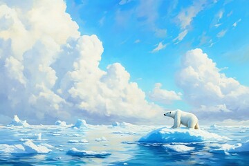 Naklejka premium Isolated Polar Bear on a Diminishing Ice Floe Adrift in the Warming Ocean