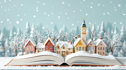 Christmas card : story book with Santa Claus, Christmas trees, snowman, reindeers, bells, stockings, ornaments, snowflakes, snowy village, gifts,