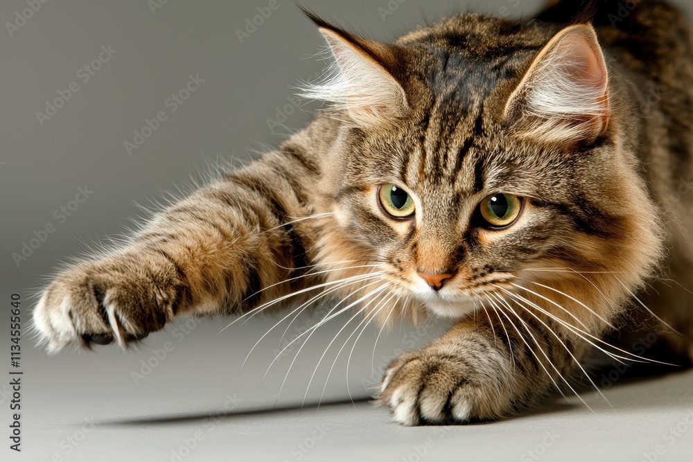 Poster agile cat in action with focused eyes and outstretched paw in soft light setting