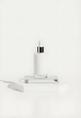 Minimal background for beauty product presentation. Cosmetic bottle on geometric surface. 3d render illustration. Clipping path of each element included, pop art, with white tones