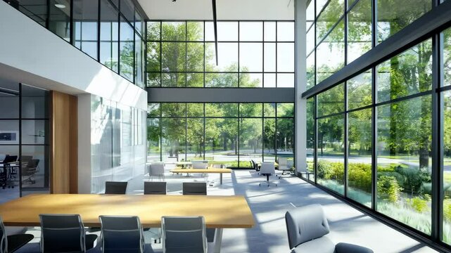 Open modern office with large windows, bright and airy, minimalistic design, urban and professional, sleek and contemporary space