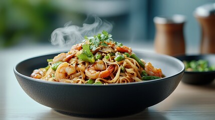 Vibrant Thai Pad Thai Noodles with Steaming Shrimp in a Glowing Dish