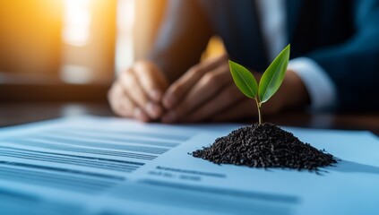 Person holding hands over an eco-friendly plant on green paper, symbolizing environmental care and...