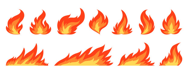 Fireball flame, red hot fire signs. Campfire windy fiery icon set. Furious flammable combustion flat clipart. Dangerous natural gas blazing. Burning wildfire effect, bonfires isolated on white