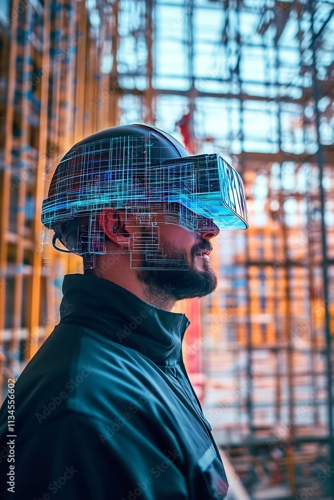 Poster cutting edge construction builder utilizing augmented reality glasses on smart building site