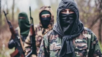 Naklejka premium Group of masked individuals in camouflage clothing standing in rugged terrain with weapons, symbolizing resistance and rebellion, strong determined expressions.