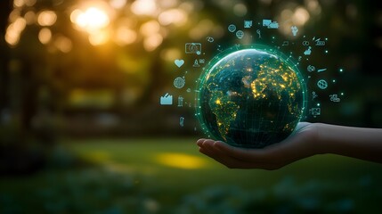 Hand holding glowing digital earth globe with icons, sunset background.