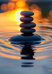 Pebble stacks in sunset waters reflecting a Japanese Zen concept
