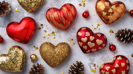 Fototapeta premium Vibrant Decorative Hearts with Pinecones for Holiday Celebration