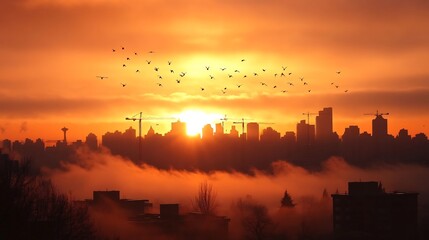 Obraz premium Dramatic Cityscape Sunrise with Cranes Silhouetted Against Skyline