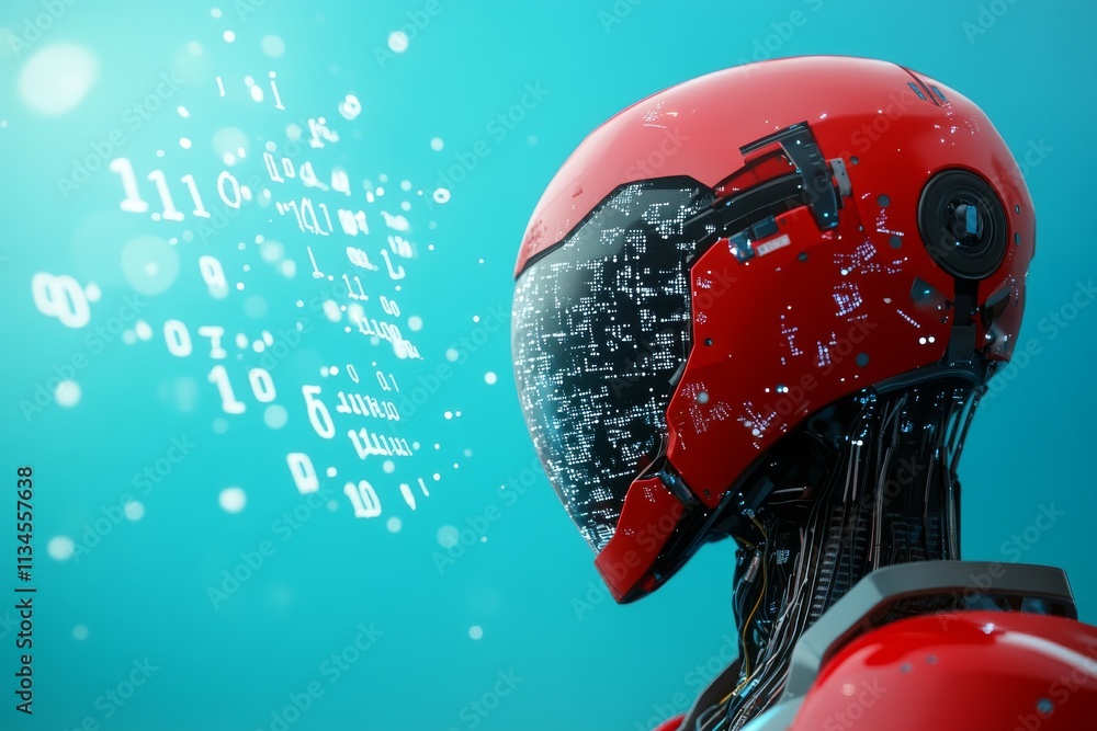 Poster red humanoid robot with visible circuitry on its head, looking at data code on the screen with numbe
