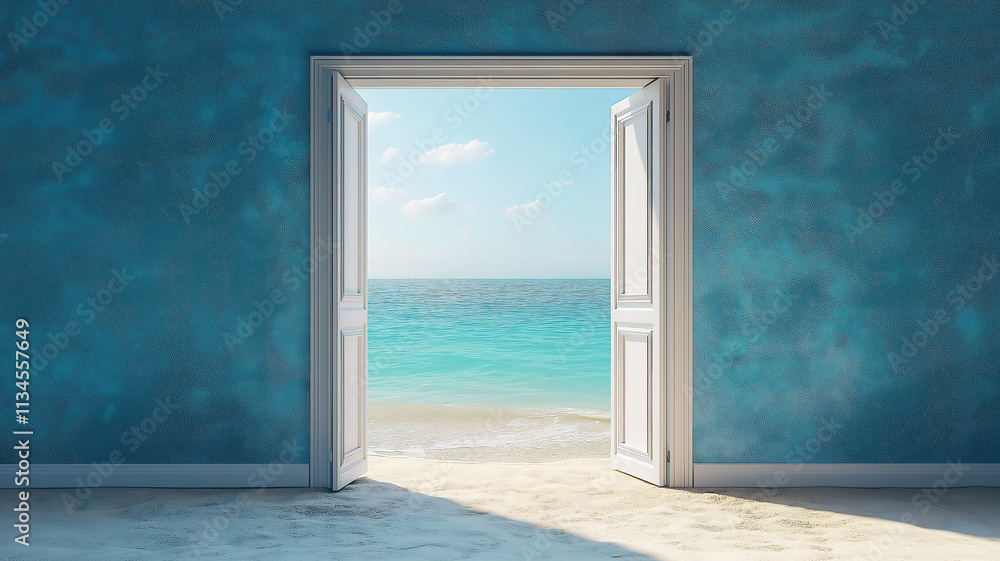 Poster sea view through an open door on a sandy beach with a calm minimal summer backdrop