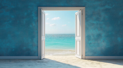 Sea view through an open door on a sandy beach with a calm minimal summer backdrop