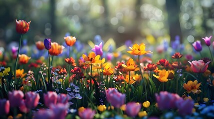 Fototapeta premium Colorful Blooming Flower Garden in Soft Morning Light with Vibrant Petals