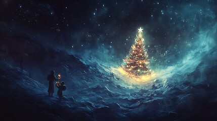 Obraz premium Strange alien beings exchanging gifts under a glowing cosmic Christmas tree