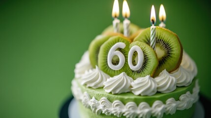 Delicious kiwi fruit birthday cake with candles for 60th celebration.