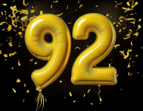 Yellow birthday / anniversary balloon, number 92, black background with confetti