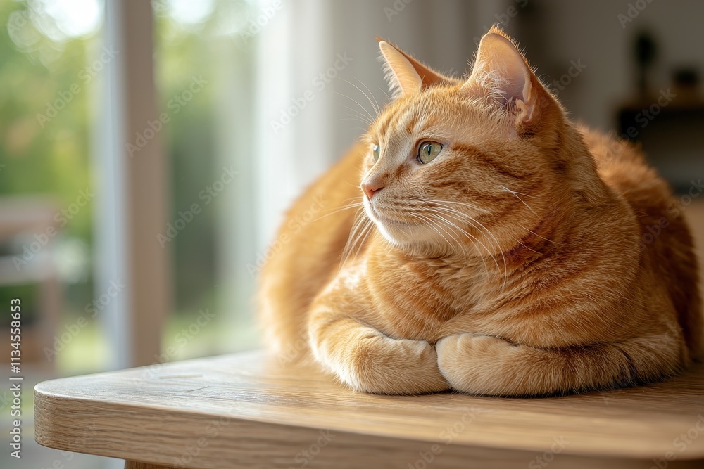 Poster serene orange cat relaxing by window on wooden table with soft natural light in background