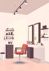 Obraz premium Hairdresser places and many professional cosmetics, beauty salon, flat design, with white tones