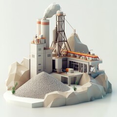 Industrial Factory with Smoke and Gravel Pile