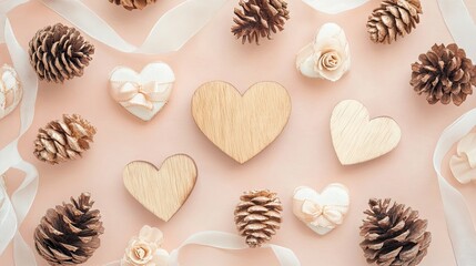 Obraz premium Romantic Arrangement of Wooden Hearts and Natural Elements Decor