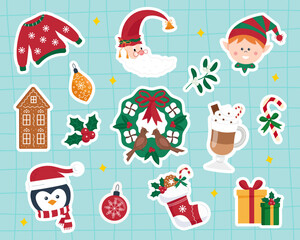Collection of Christmas stickers of ornaments, holiday gifts, winter clothes, gingerbread, hot drink, gifts and holiday characters. Vector illustration