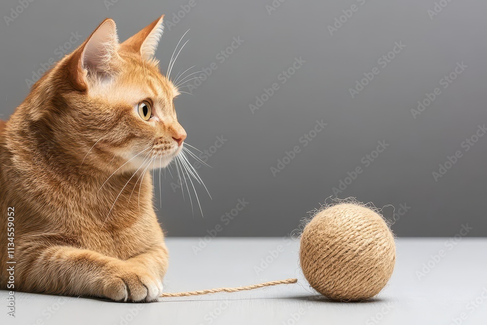 Poster cute orange cat gazing at a ball of twine on a minimalist gray background in a studio setting
