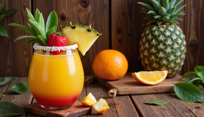 Colorful tropical cocktail with fruits on a wooden table, garnished with pineapple and strawberry