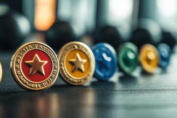 Collection of earned fitness achievement badges, soft box lighting, badge detail, with copy space