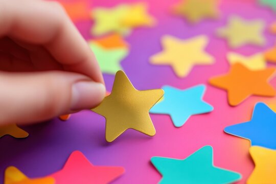 Colorful sticker chart with gold star being placed, bright cheerful lighting, sticker detail, with copy space