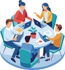 Partners meeting for business discussion with documents and laptop on desk. Couple at round table, speaking, discussing work, partnership. Flat vector on a white background