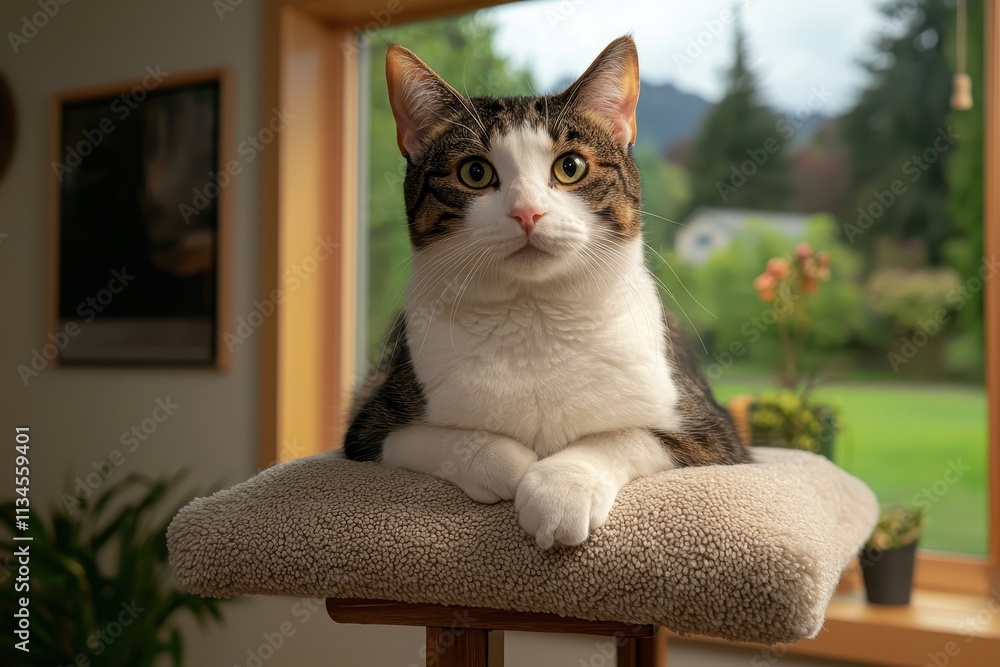 Poster adorable tabby cat relaxing on a soft perch by a bright window with lush greenery outside