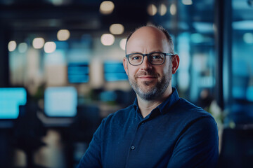 Confident IT Expert with Glasses in a Modern Office, Surrounded by Blurred Monitors