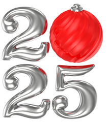 Happy New Year Number 2025 3D Render Red With Silver Ball 