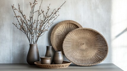 A set of rattan wall baskets of varying sizes
