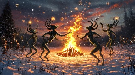 Strange alien creatures dancing around a glowing Christmas bonfire in a snowy field