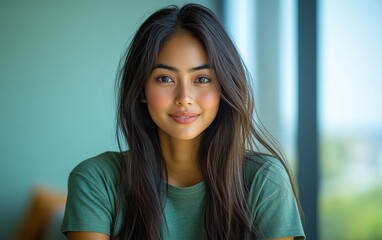 Fototapeta premium Asian woman smiling and wearing a t-shirt in studio color background