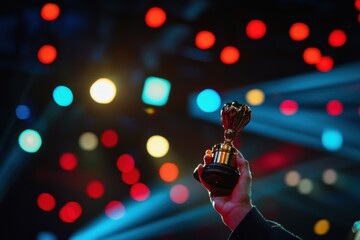 Film festival award being presented on stage, theatrical lighting, ceremony moment, with copy space