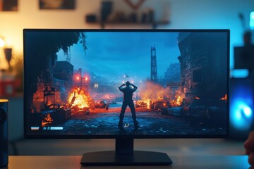 Gaming trophy notification on screen with excited player, RGB gaming setup lighting, screen detail, with copy space